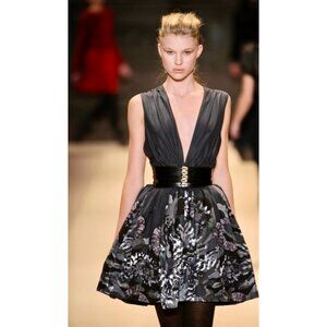 $790 Adam By Adam Lippes 8 Fit & Flare Dress Black Gray Sleeveless V Neck Pleats